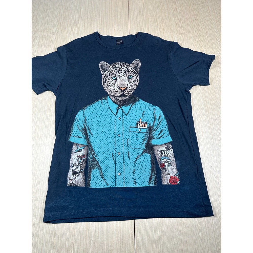 Camden Mix T-Shirt‎ Mens XL Navy Blue Classic Leopard Graphic Crew Neck Pullover